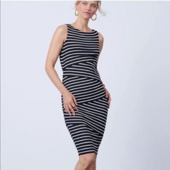 Calvin Klein Dress  - Black & White striped, sleeveless & fitted midi. - Picture 1 of 7